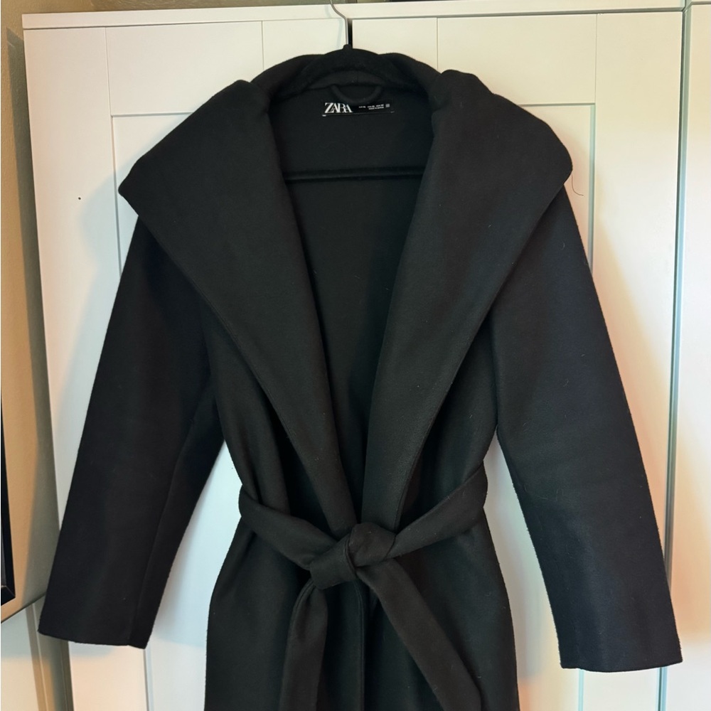Zara Black Hooded Wrap Coat